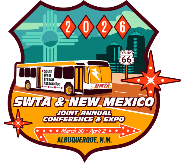 Logo for the SWTA and New Mexico conference. A seal with a drawing of a bus driving down Route 66