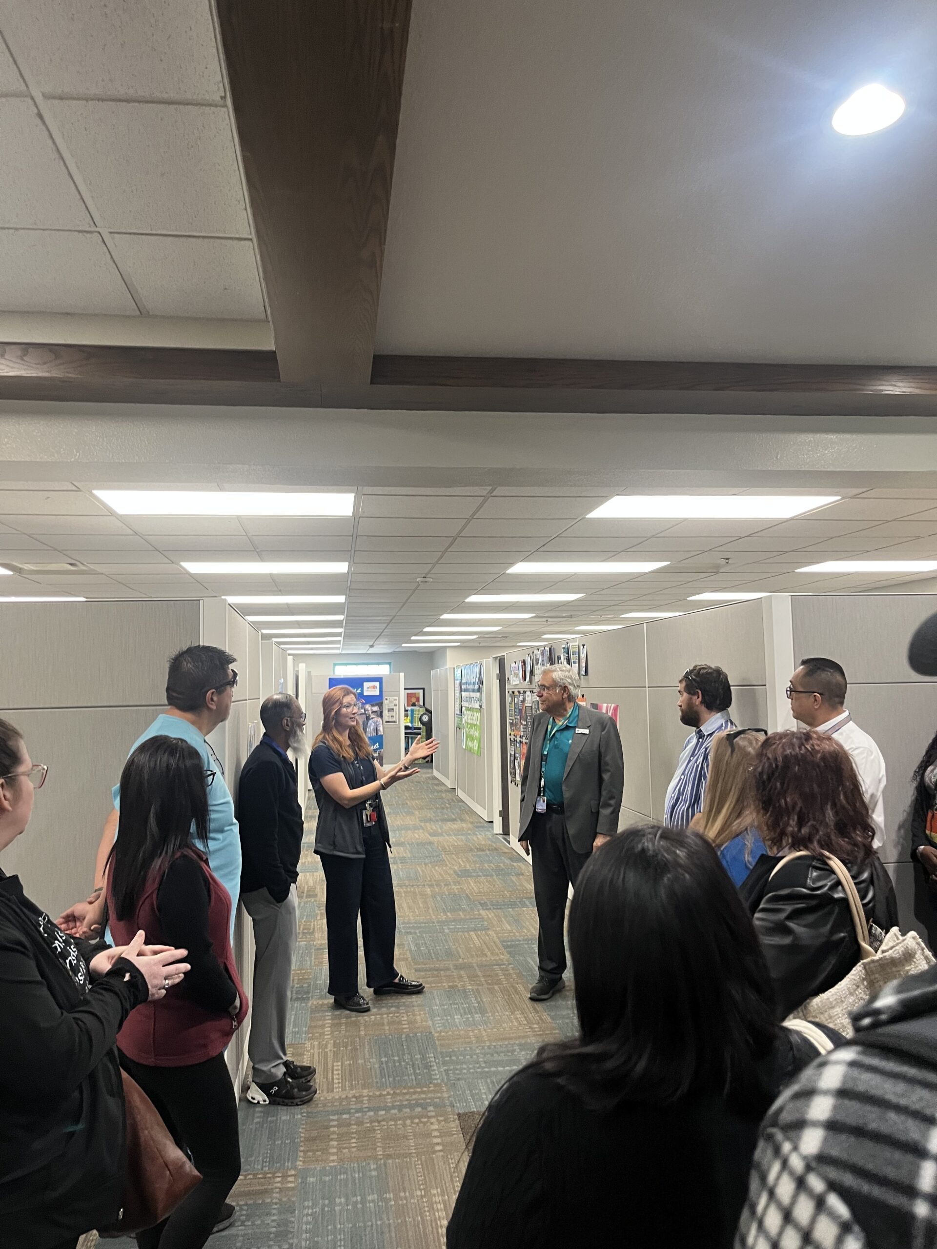 Group of professionals stand to chat in between office cubicles.